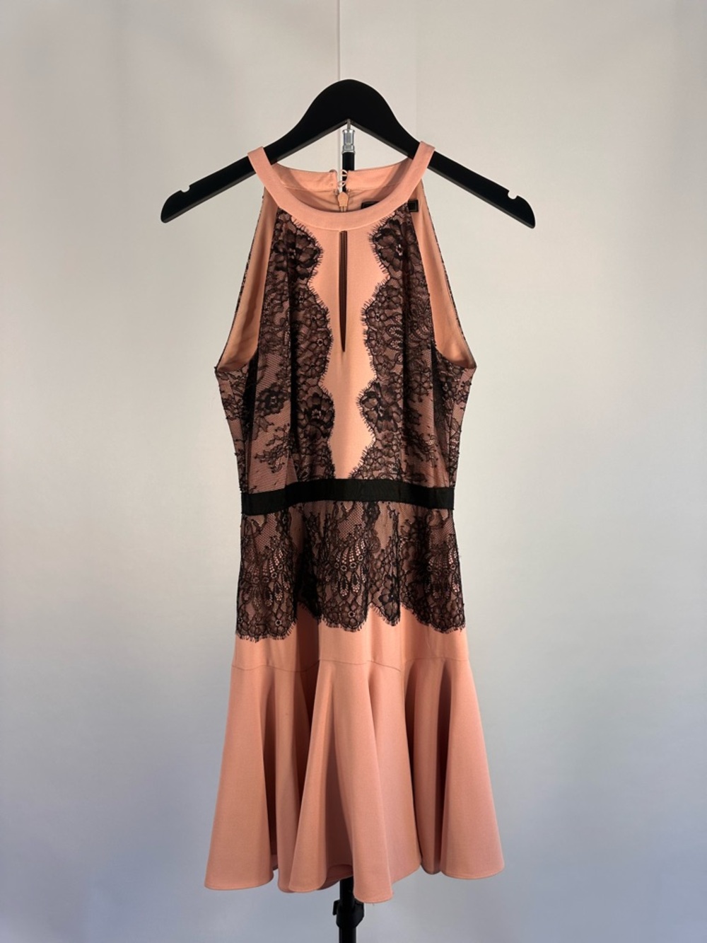 BCBGMaxAzria Blush Pink Mini Dress with Black Lace Accents